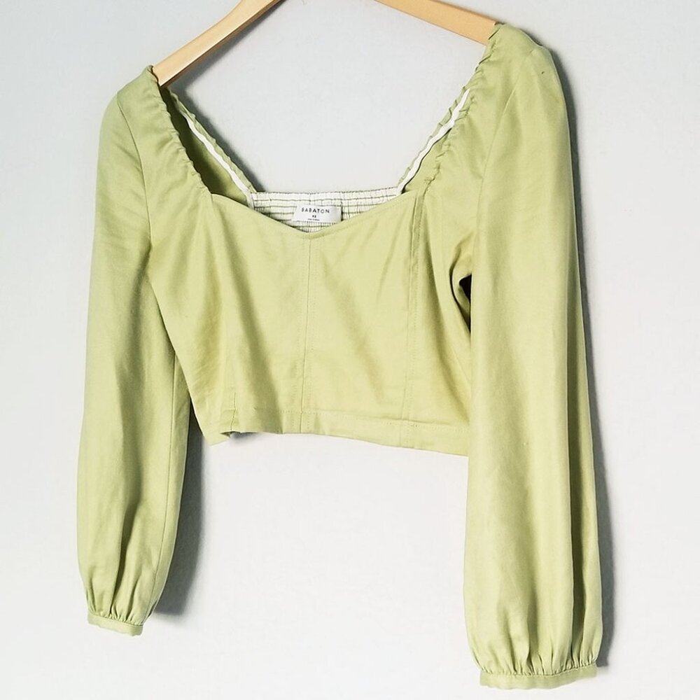 Babaton Aritzia Hadwyn Sweetheart Cropped Smocked Blouse Top Pistachio Green XS